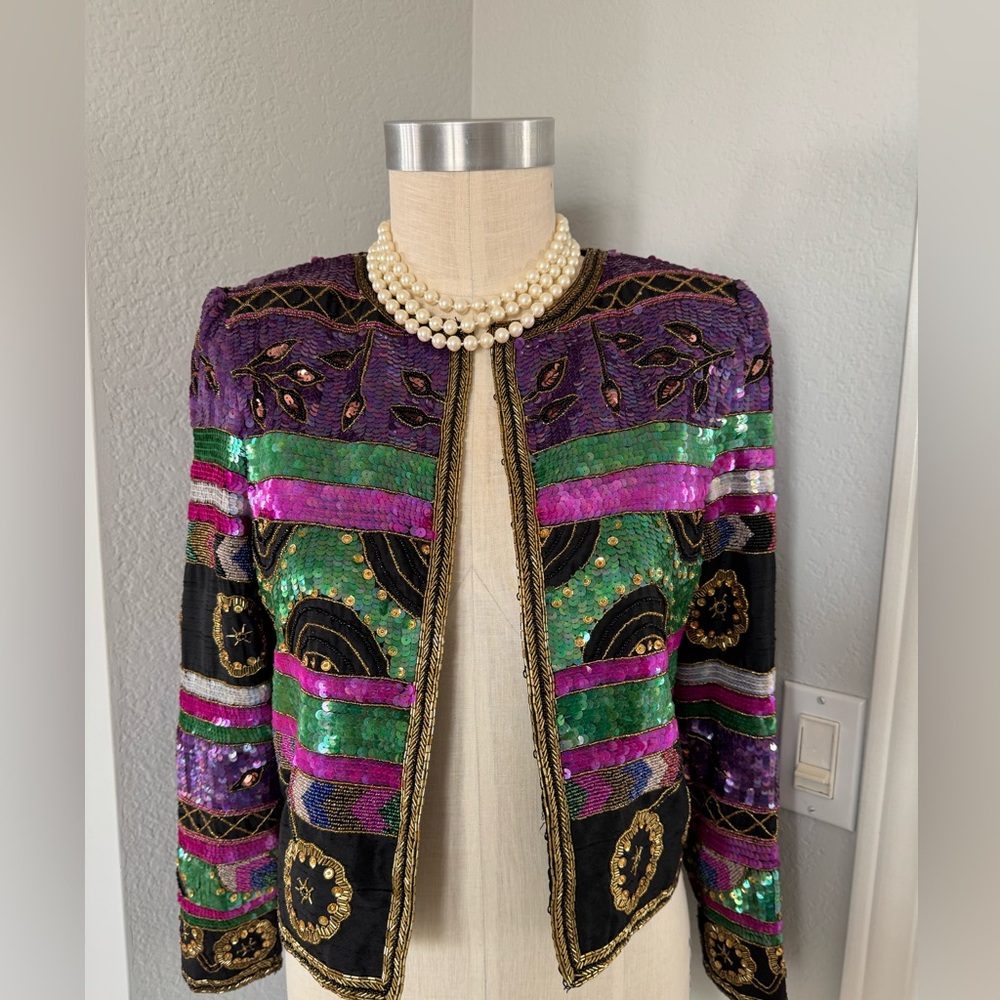 100% Silk Heavily Beaded Sequin Leslie Faye Bolero Small - Picture 10 of 11